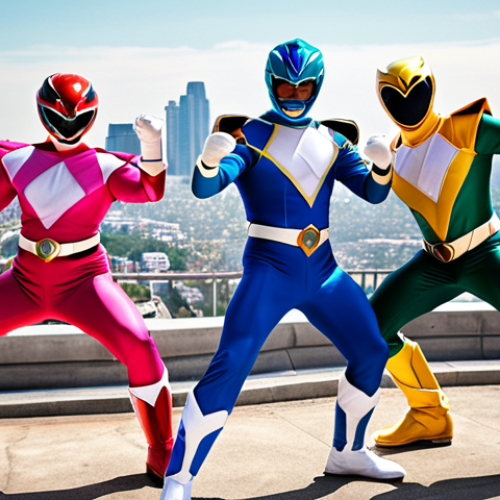 Home 11 **
A diverse team of Power Rangers, morphed and in action poses, back-to-back, ready to fight. Emphasize the vibrant colors of their suits and the dynamic energy of teamwork. In the background, a cityscape with exaggerated, almost comical, monsters looming. Focus on inclusivity and the power of combined skills.
**