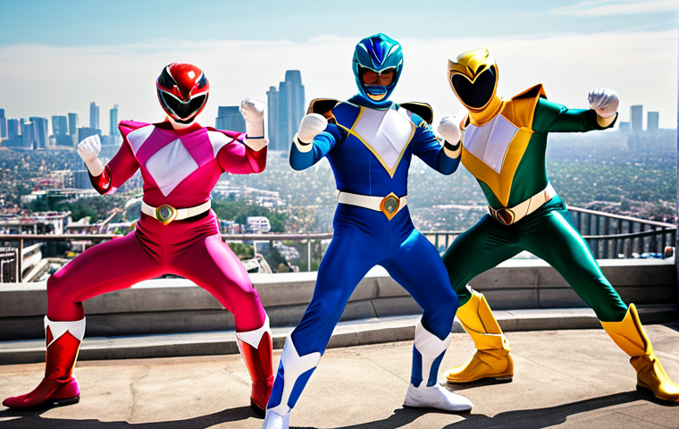 **
A diverse team of Power Rangers, morphed and in action poses, back-to-back, ready to fight. Emphasize the vibrant colors of their suits and the dynamic energy of teamwork. In the background, a cityscape with exaggerated, almost comical, monsters looming. Focus on inclusivity and the power of combined skills.
**