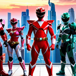 **

"A futuristic Power Rangers team. The Red Ranger is clad in sleek, anime-inspired mecha armor with glowing LED lights. The background features a cityscape with towering skyscrapers and holographic displays. The overall aesthetic is a fusion of Power Rangers nostalgia and cutting-edge sci-fi."

**