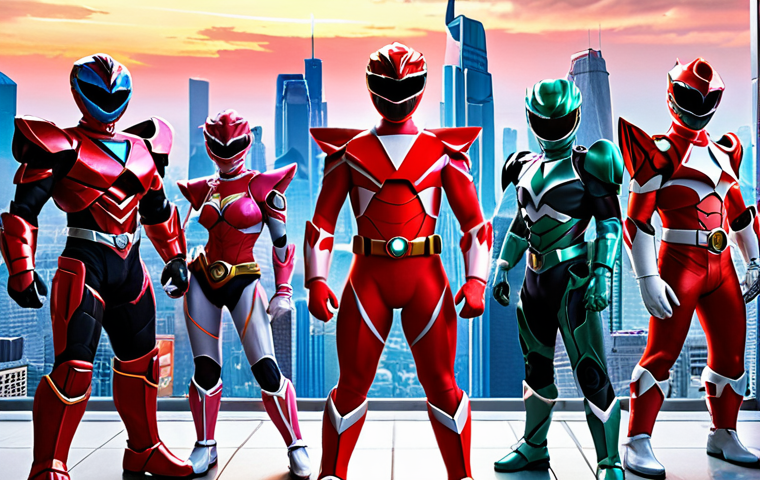 **
"A futuristic Power Rangers team. The Red Ranger is clad in sleek, anime-inspired mecha armor with glowing LED lights. The background features a cityscape with towering skyscrapers and holographic displays. The overall aesthetic is a fusion of Power Rangers nostalgia and cutting-edge sci-fi."
**
